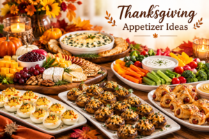 : Thanksgiving appetizer ideas featuring deviled eggs, stuffed mushrooms, cheese and crackers, fresh vegetables with dip, and savory finger foods on a festive autumn table.