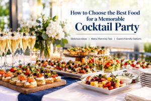 Cocktail party catering with assorted appetizers, finger foods, and elegant buffet presentation.