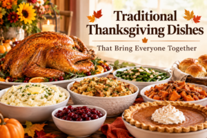 Traditional Thanksgiving dishes featuring roasted turkey, mashed potatoes, cornbread stuffing, green beans, candied sweet potatoes, cranberry sauce, and pumpkin pie.