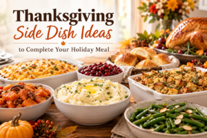 Thanksgiving side dish ideas featuring mashed potatoes, macaroni and cheese, cornbread dressing, candied sweet potatoes, and green beans for a holiday meal.