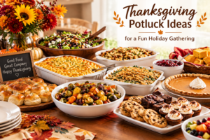 Thanksgiving potluck ideas featuring macaroni and cheese, roasted vegetables, casseroles, fresh salad, dinner rolls, pumpkin pie, and desserts on a festive holiday table.